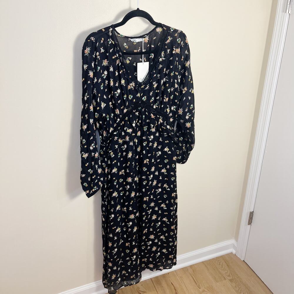 NWT Zara Floral Peasant Midi Dress Long Sleeves Size L Black - Picture 3 of 11